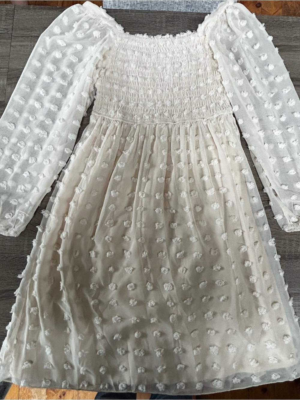 Cream Textured Long-Sleeve Dress